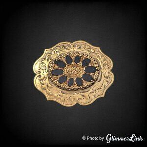 Vintage Sadie Green Ornate Black Stones Art Nouveau Style Gold Tone Brooch Pin